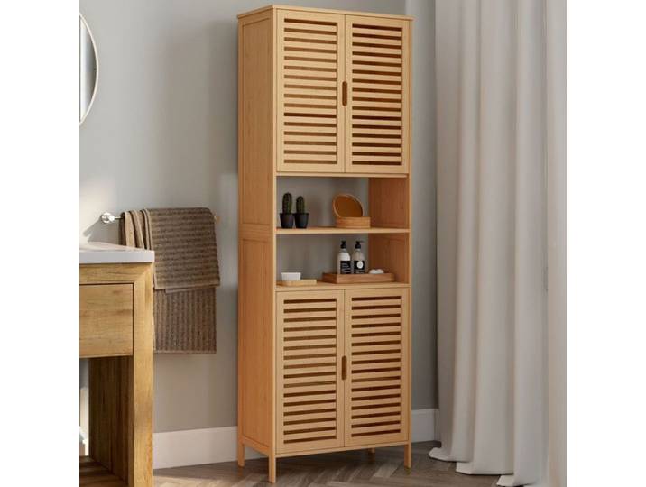 IDMARKET Meuble armoire colonne salle de bain bambou BEA 4 portes et 2 niches