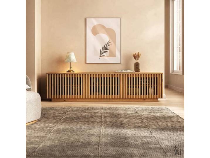 Meuble TV OLE L 175 cm avec 3 Portes en Bois Massif Coloris Chêne Pour TV jusqu'à 190 5 m (75 ) Design Moderne à Lamelles