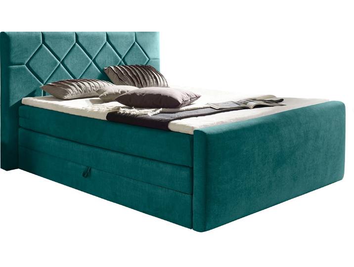 Boxspringbett, 160x221 cm, Massivholz & Kunststoff, Blau, Bettkasten & Topper, Modern