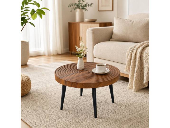 i@home Couchtisch Runder 5 cm starker Platte die Jahresringe aufweist (Packung Set), mit verstärkter Tischplatte und schlanken schwarzen Metallbeinen