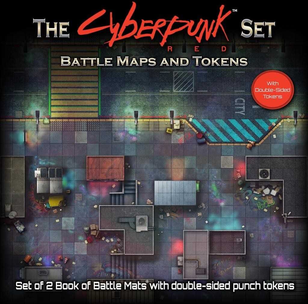 Books of Battle Mats ; Tokens: The Cyberpunk Set by Loke Battlemats, 12 in/12 in, Cyberpunk Tabletop Mapping Set with Double-Sided Punch-Out Tokens
