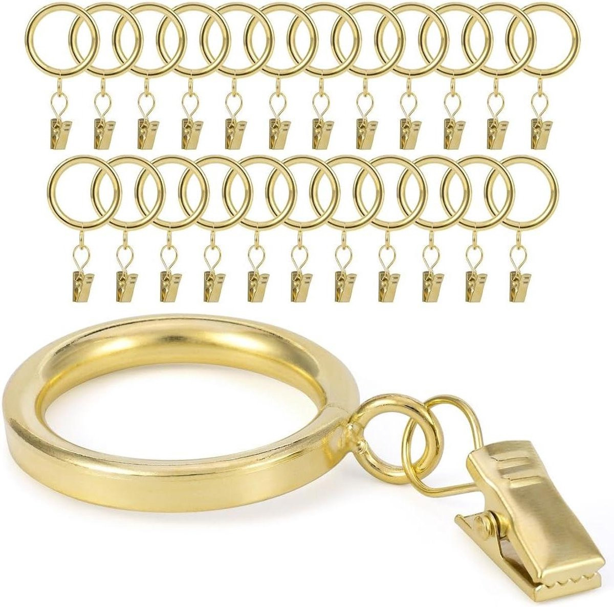 Gordijnringen met clips in het goud, 24 stuks