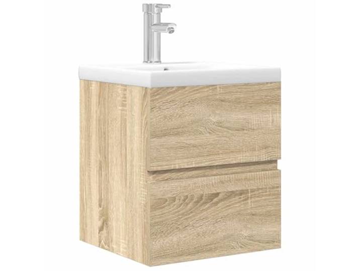 POUFGDR Badezimmermöbel-Set, 2-teilig, Sonoma-Eiche Holzwerkstoff, Keramikspüle, Wandmontage, Toilettenartikel, platzsparendes Design