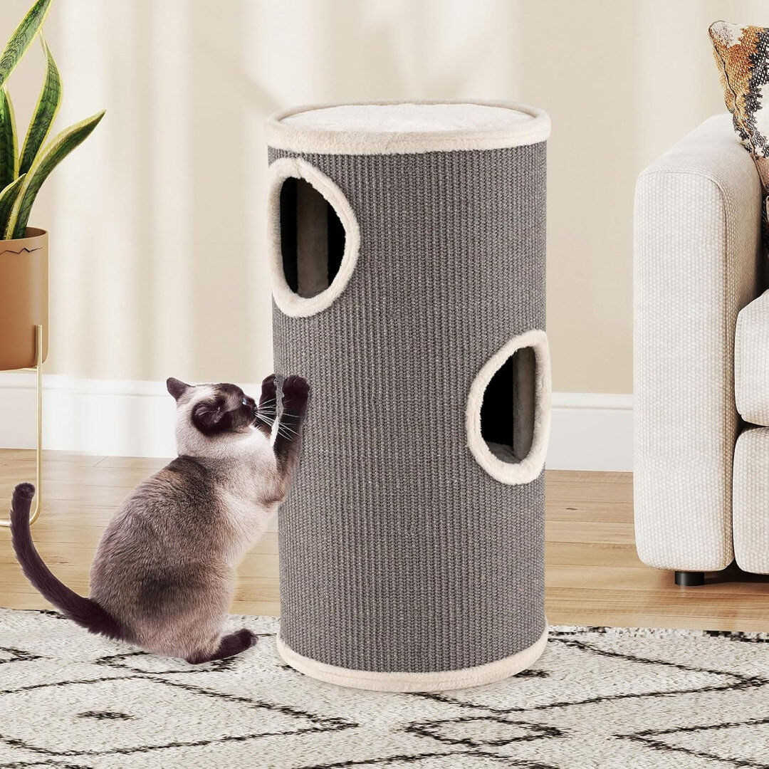 Happy Larry 4-Story Cat Condo, Multi-level Cat House with Sisal Scratching Pad, Napping Plush Bed, Barrel-Shaped Cat Tree Tower, Modern Pet Hideaway Cave for Indo Grey 70cm H x 36cm W x 36cm D
