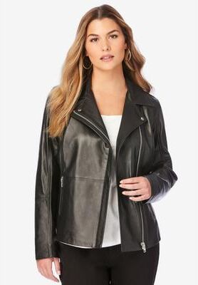 Plus Size Women's Plus Size Moto Leather Jacket by Roaman's in Black (Size 12 W) Motorcycle Zip