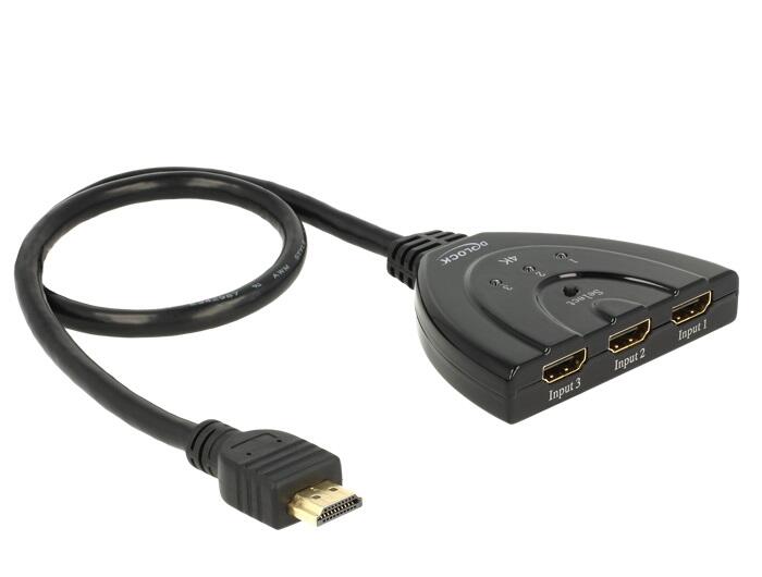 DeLOCK UHD Switch 3x HDMI zu 1x HDMI, 50cm integriertes Kabel 18600