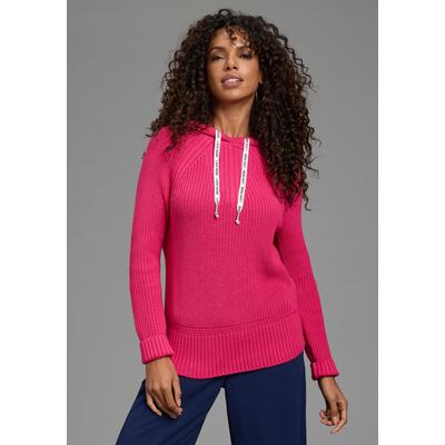 Strickpullover LAURA SCOTT "mit Kapuze und Bänder mit Schrifzug", Damen, Gr. 40/42, pink, Strick, Obermaterial: 50% Baumwolle, 50% Polyacryl, unifarben, figurumspielend hüftlang, Raglanärmel Rippbündchen, Pullover Strickpullover, mit lässiger Passform