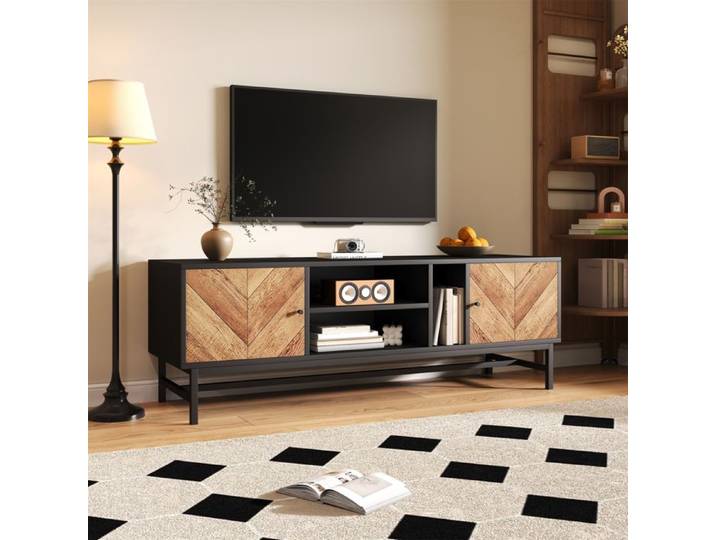 Meuble TV - 150 cm - Noir et bois - Rangement avec placards - Montage facile