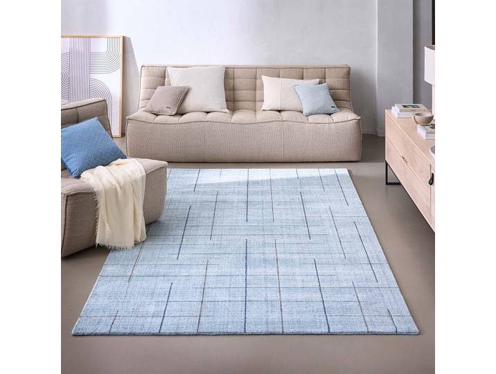 Teppich WECON HOME Milly , blau (licht blau), B:140cm H:11mm L:200cm, Lyocell, Teppiche, Teppich, Kurzflorteppich, handgewebt, Naturfaser, Linienmuster, Wohnzimmer