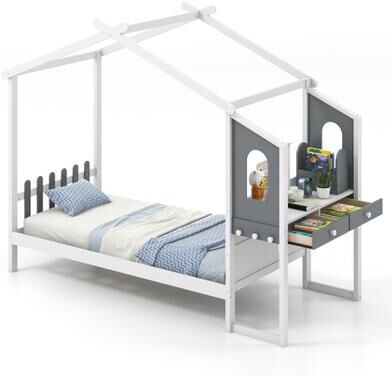 Costway Twin/Full Bed Frame with House Roof Canopy and Fence for Kids-Twin Size
