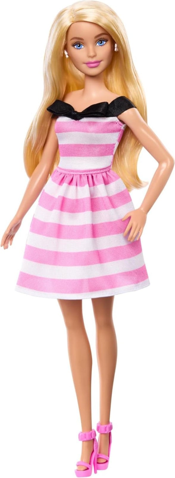 Mattel Barbie 65-jarig jubileum collector's edition blonde pop met roze-witte jurk en hoge hakken