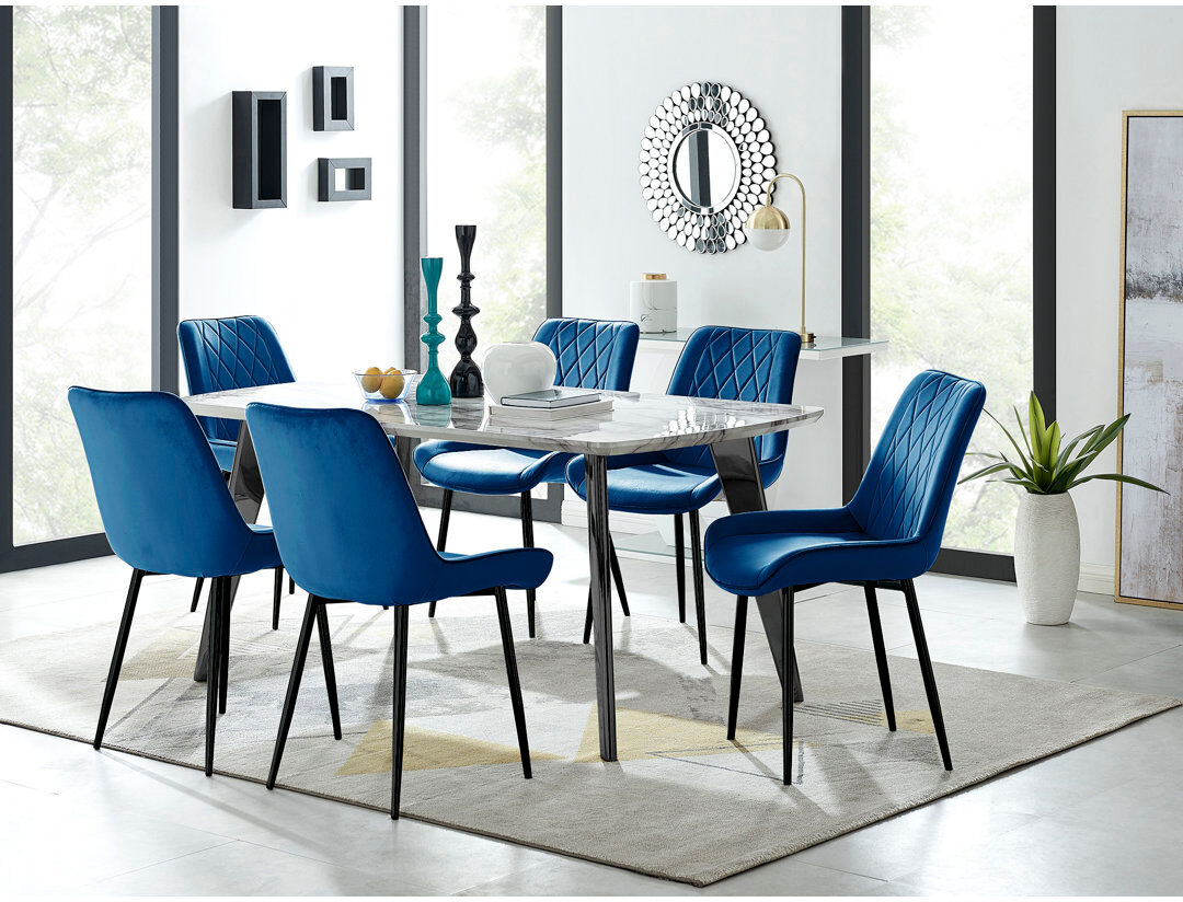 Canora Grey Anders Modern High Gloss Marble Effect Dining Table Set with 6 Luxury Velvet Dining Chairs Navy/Black/Black 6