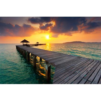 Fototapete PAPERMOON "HOLZ-BRÜCKE-STEG MEER OZEAN SEE THAILAND STRAND SONNE", bunt, B:3,5m L:2,6m, Vlies, Tapeten
