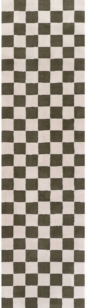 THE RUGS Loft Modern Checkerboard Living Room Area Rug and Runner Soft Pile Green/Ivory Runner 80 x 300 cm