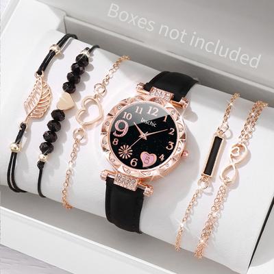 Multicon Wholesale Hub Fashion Heart Dial Analog Quartz Watch, Womens Casual Leather Band Watch With Leaf Bracelets Set Without Box black Set No Box