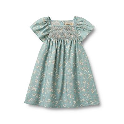 A-Linien-Kleid WHEAT "WHEAT Dress S/S Elva", Mädchen, Gr. 128, Normalgrößen, blau (spring lake flowers), 100% Baumwolle, normal, eckiger Ausschnitt, Kleider