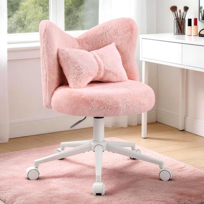 No Faux Fur Bow Back Swivel Accent Chair Vanity Stool Armless Task Chair With Cushion
