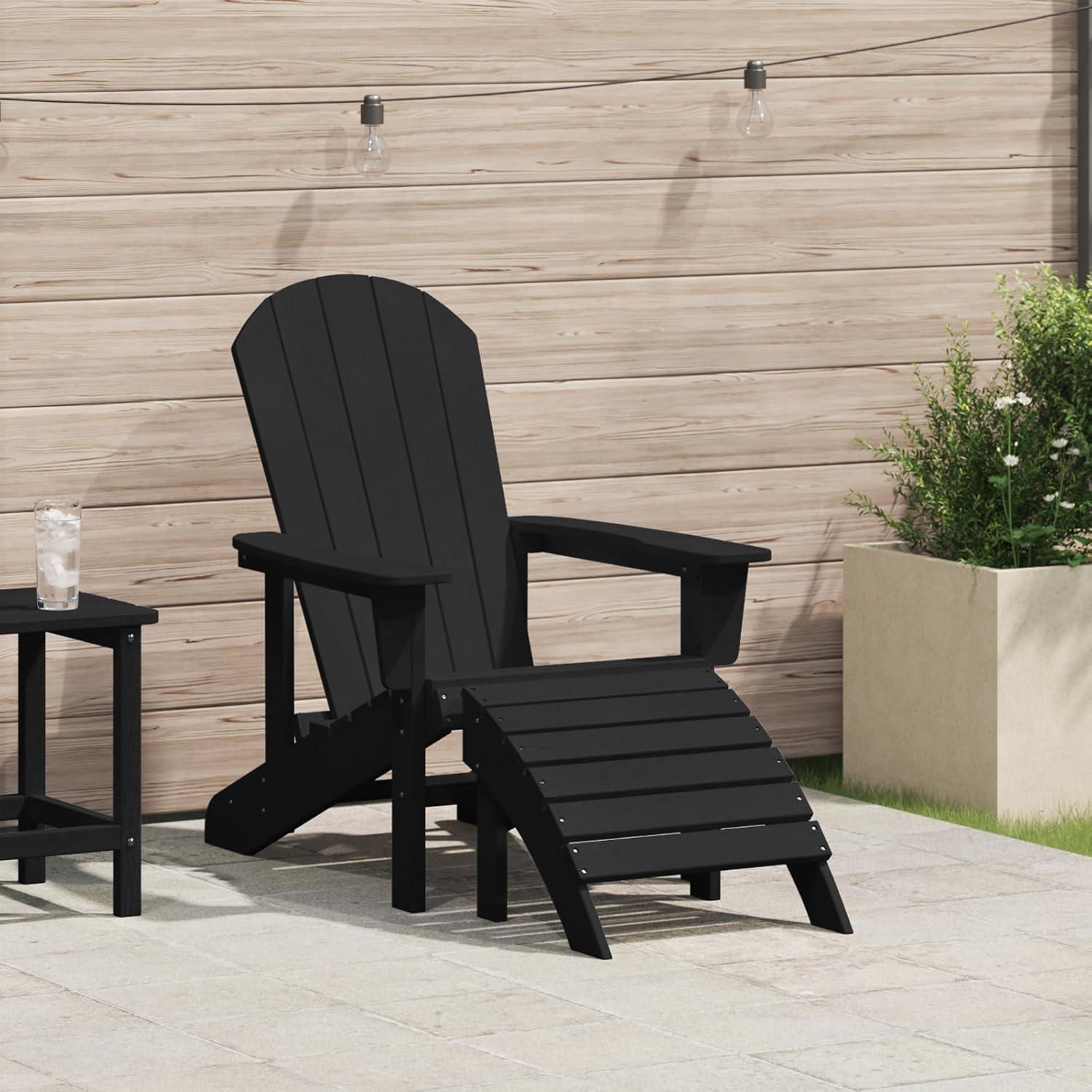 Schwarzes Adirondack-Gartenstuhl-Set aus HDPE mit Fußstütze für Balkon, Terrasse und Garten