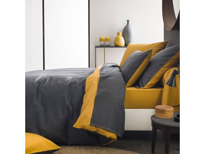 Parure de lit bicolore en bambou carbone et moutarde 260x240