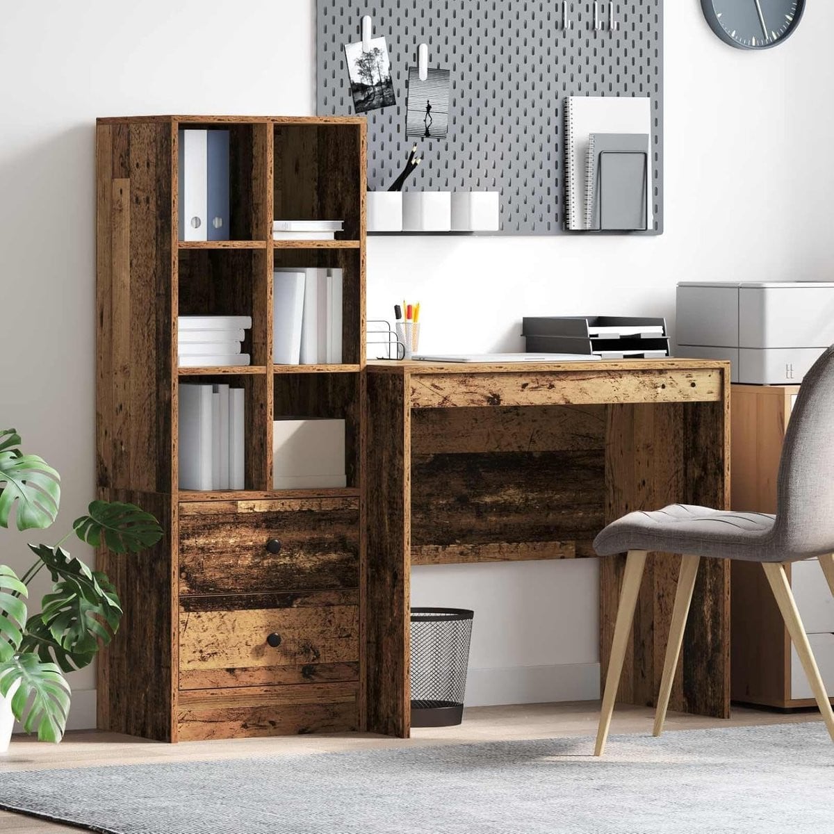 Houten bureau met geïntegreerde opbergplanken in oud hout, Breedte: 135 cm