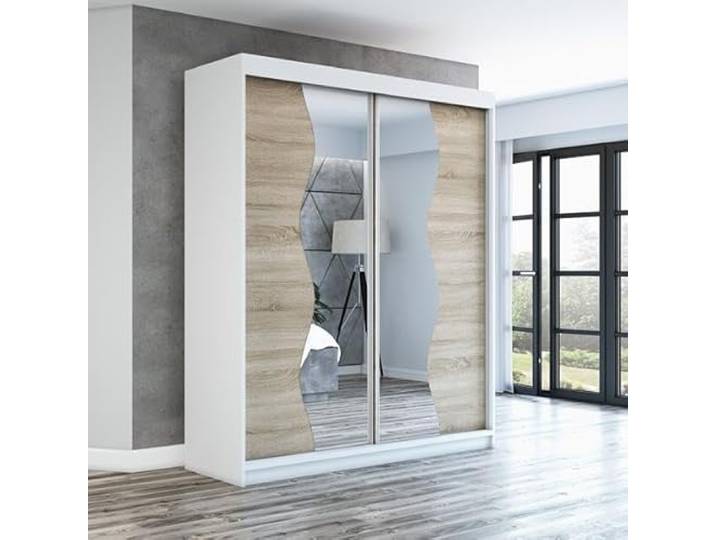 A&J MöbelLand Schwebetürenschrank RIMA 2-türig mit Spiegel, Kleiderschrank 180 cm (Weiß)