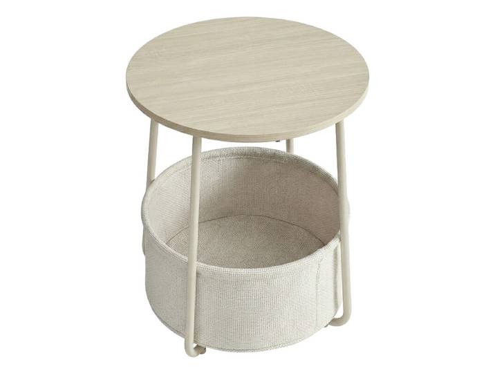 JOYFURNOS x Songmics Table d’appoint ronde 45 x 50 cm avec panier en tissu, pieds en acier, Beige naturel
