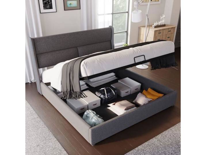 Lit coffre double rembourré tête réglables en lin 180x200cm Gris