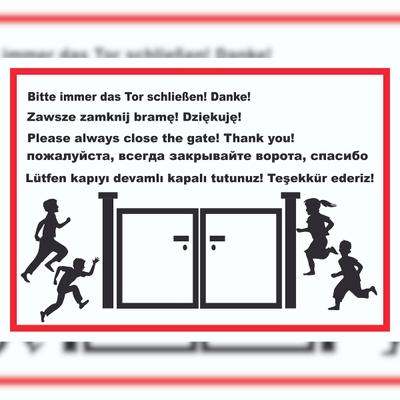 HB-Druck Tor schließen Kindergarten mehrsprachig Schild A5 Rückseite selbstklebend