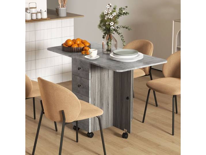 CollaHausse Table Cuisine Pliante 2 Plateaux Rabattables 2 Tiroirs Placard Étagère 120x76 cm Gris