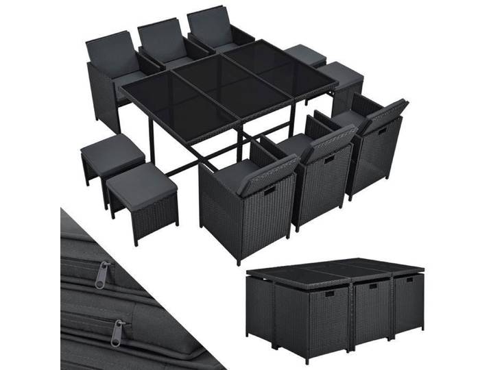Salon de jardin Baracoa XL 11 pièces en polyrattan – ensemble repas extérieur noir