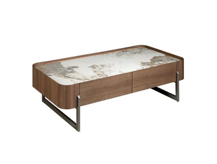 Table basse rectangulaire en marbre de porcelaine, noyer et acier