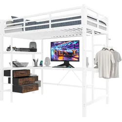STILVORA Hochbett 90x200 Metallrahmen mit LED-Beleuchtung, Schreibtisch, Steckdose + USB, 3 Schubladen, Regale, Treppe, Stauraum, Weiß