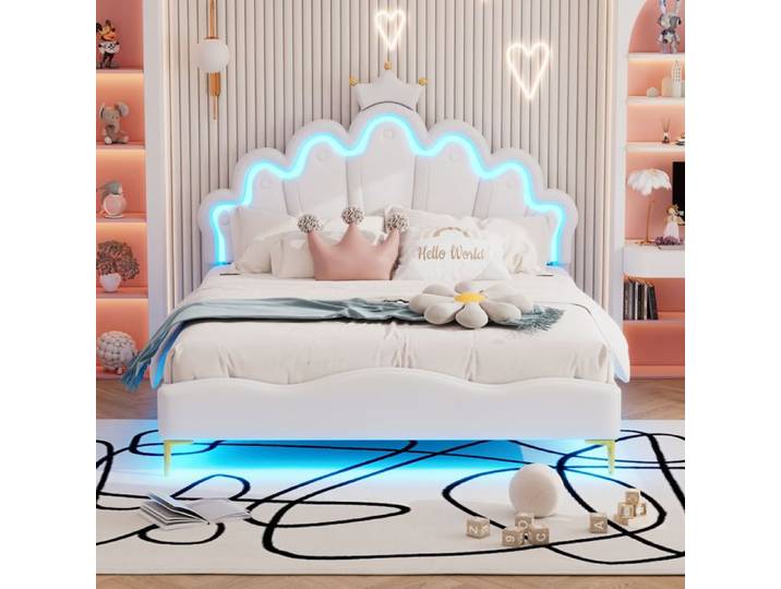 DRIPEX Lit rembourré LED 140×200cm lit de princesse en forme de couronne en cuir PU Blanc
