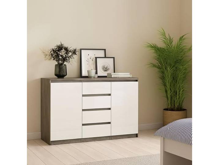 Dmora - Kommode Alix, Wohnzimmerbuffet, Wohnzimmer-Sideboard, Moderne Küchen-Speisekammer, 121x50 h91 cm, Zement und Weiß