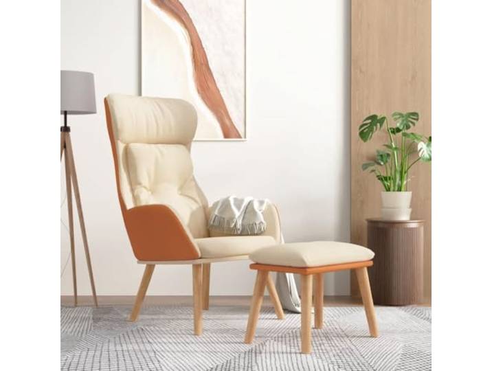 IBUQDDV Relaxsessel mit Hocker Creme Kunstleder und Stoff Kunstleder schmutzabweisend, Stoff atmungsaktiv, Kautschukholzbeine, Metallgestell, Fußablage