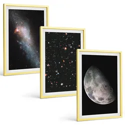 BILDER SET 3er Set - 40x60 cm Goldrahmen - Weltraum Galaxien Sterne Mond