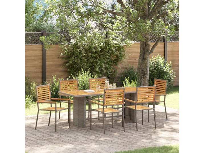 HEFZGDB 7-teiliges Garten Esszimmer Set mit rechteckigem Tisch und 6 stapelbaren Stühlen aus Stahl und Akazienholz für Terrasse und Garten