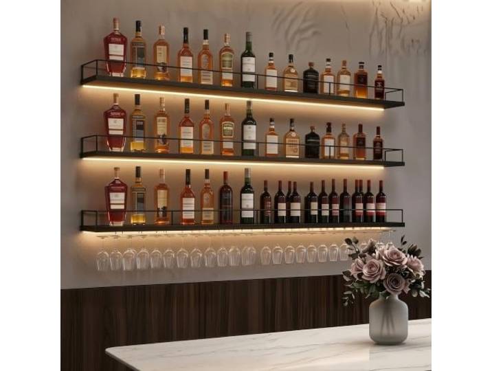 Alkmla 120CM Metallbar Weinregal Wand mit Glashalter，Schwarz 3 Ebenen Weinpareite Display Rack, Modernes Weinregal im Industriestil für Zuhausefür Esszimmer Home Bar Küche Dekorative