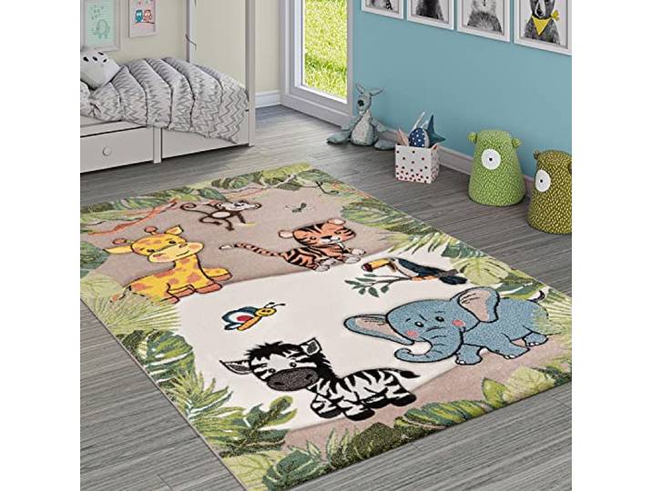 Paco Home Kinderteppich Kinderzimmer Dschungel Tiere Giraffe Löwe AFFE Zebra Beige Creme, Grösse:160x230 cm