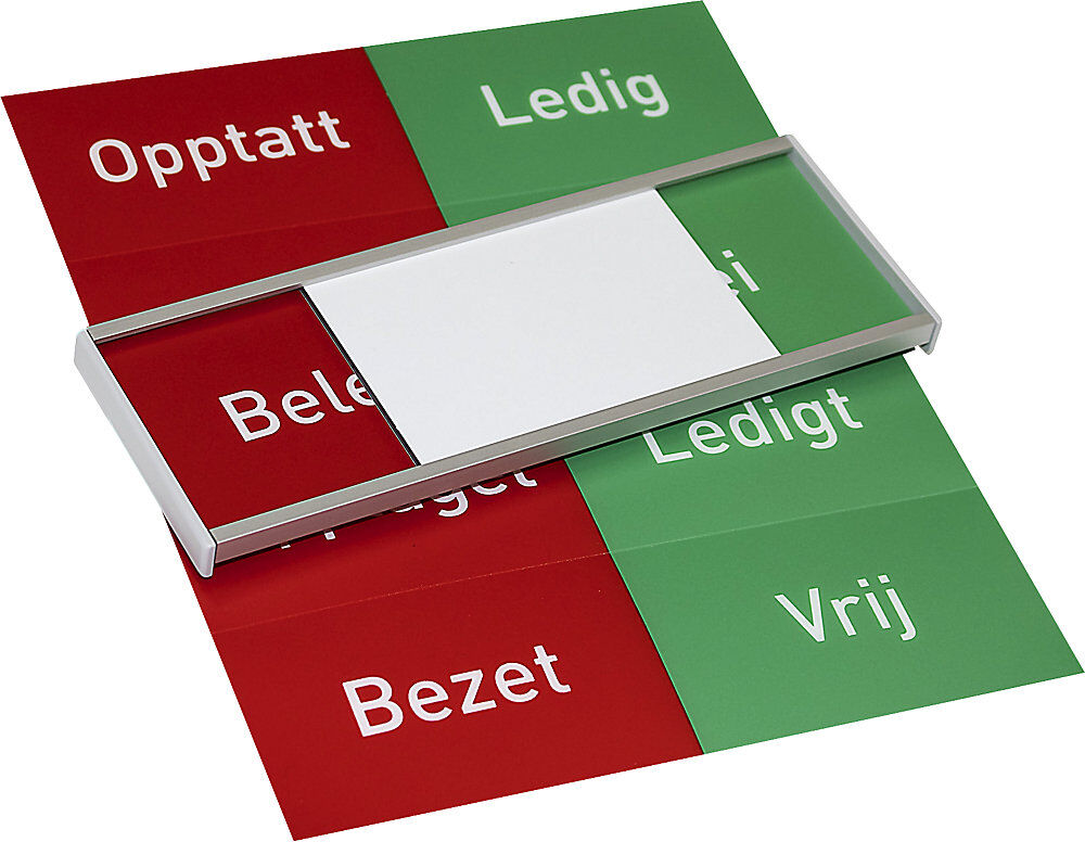 kaiserkraft Frei-/Belegt-Anzeige, mehrsprachig NO-DK-SE-NL, HxB 54 x 151 mm, selbstklebend, silber