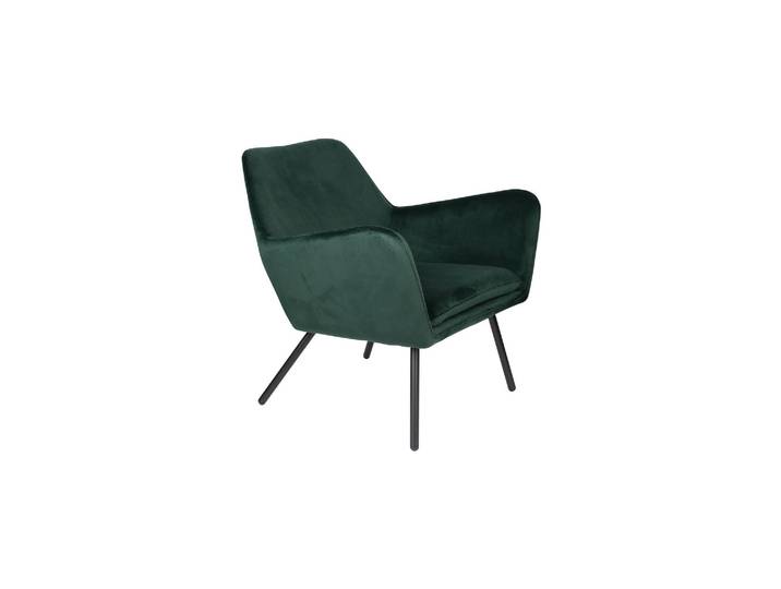 Fauteuil lounge en velours vert, coussin d'assise amovible, pieds