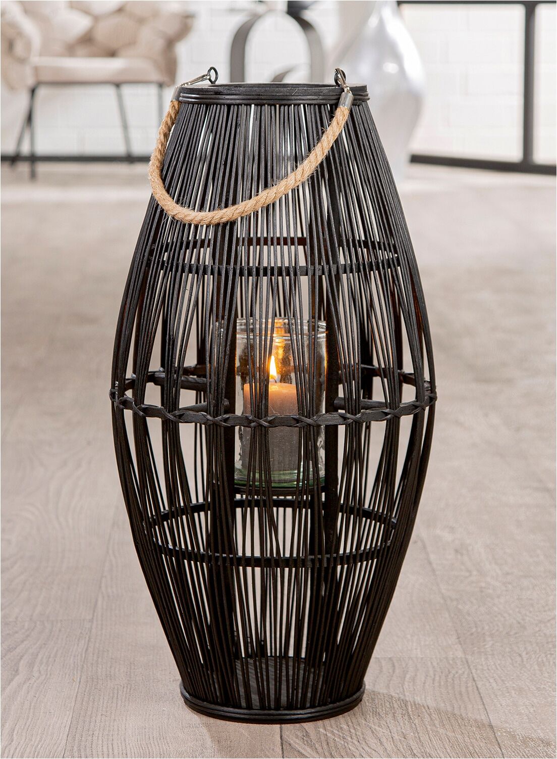 Windlicht GILDE "Windlicht Kegel Yantai schwarz", schwarz, B:32cm H:60cm T:32cm Ø:32cm, Bambus, Kerzenhalter, Windlicht, Deko Windlicht Flechtoptik Henkel asiatisch Boho gemütlich