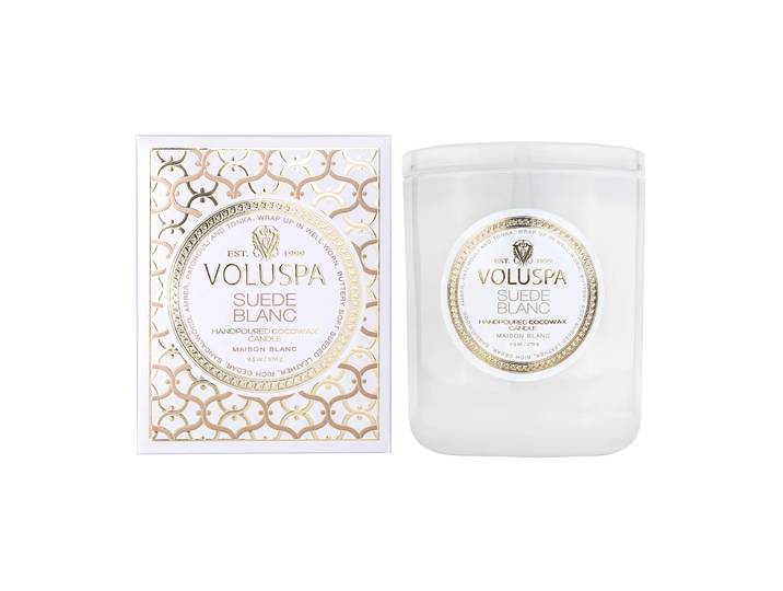 Voluspa Bougie parfumée Classic Maison Blanc 60 heures Suede Blanc