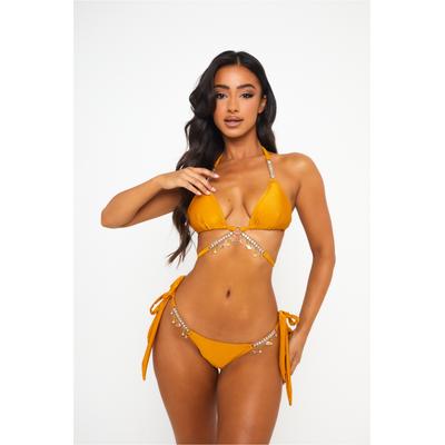 Bikini-Hose MODA MINX "Seychellen Seestern", Damen, Gr. XL, US-Größen, gelb, 100% Polyester, unifarben, Badehosen Bikini-Hose, mit seitlicher Bindung und funkelnden Anhängern