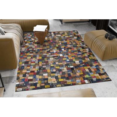 Lederteppich OCI DIE TEPPICHMARKE "Labelstar" Gr. 1, bunt, B:70cm H:10mm L:140cm, Leder, Teppiche, echtes Leder, UNIKAT, handgenäht, Patchwork aus Leder Jeanslabel