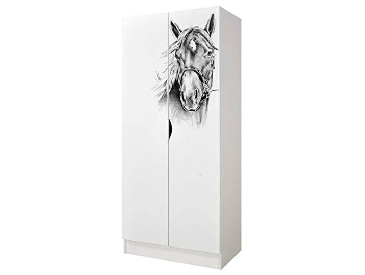 Leomark Roma Kleiderschrank 2-türig aus Holzwerkstoff, Pferdekopf, Weiß Maße 70x42,5x161,5 cm, 3 Fächer, Hängebereich für Kleidung, verstellbare Scharniere, abriebfester UV-Druck, sicherer Griff