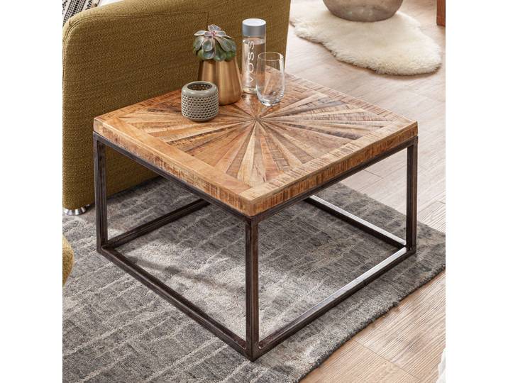 FineBuy table basse mangue massif 55x40x55 cm table avec structure métallique Table de salon carrée au design industriel Table basse massive moderne