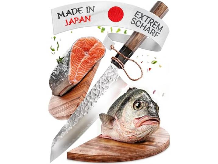 Schiere Schärfe® Santoku - Handgefertigtes Original - Japanisches Messer Universalmesser, 18 cm Klinge, Schneidfreudig dünn, hohe Standzeit, nur 132 g, VG10-Edelstahl, Griff Walnussholz/Büffelhorn