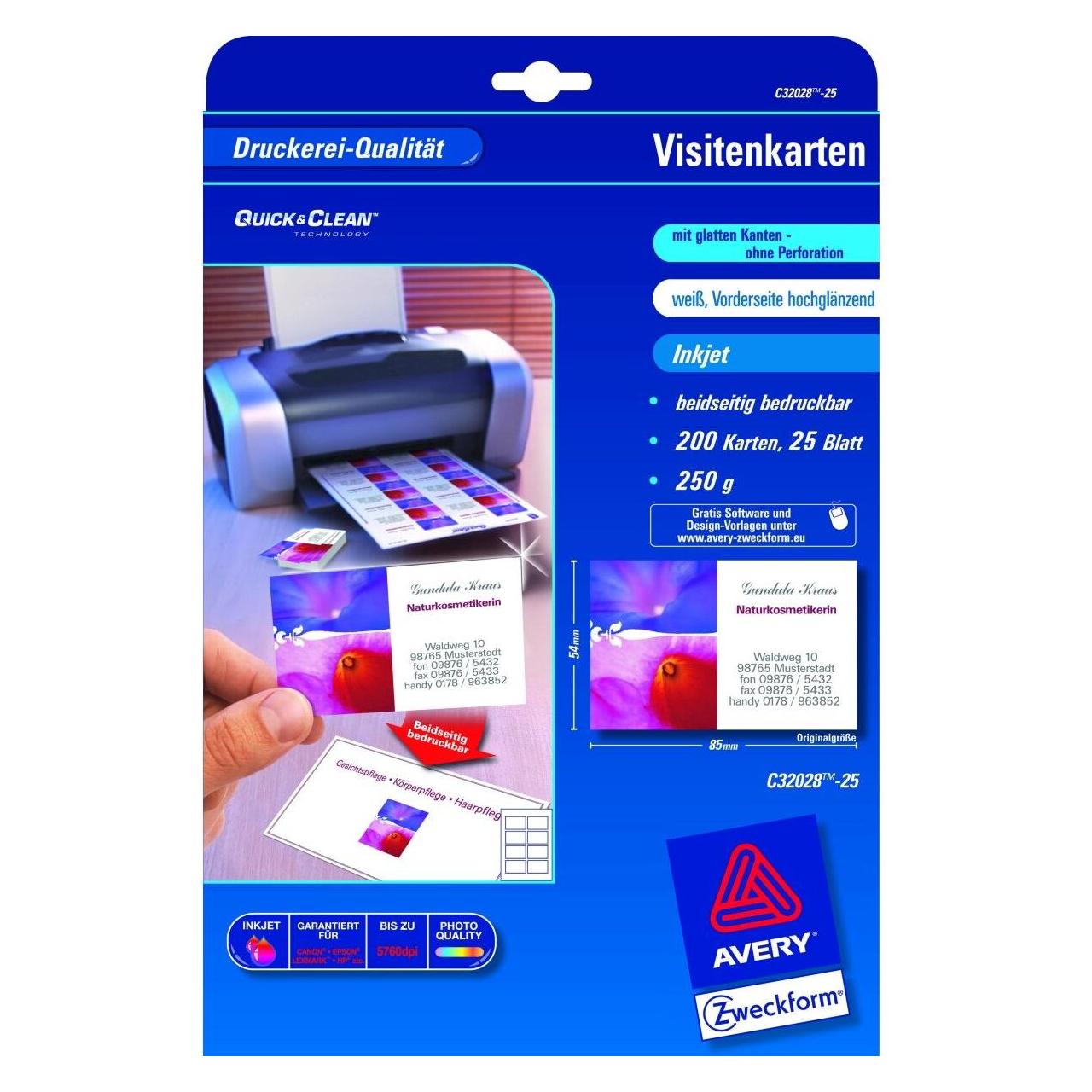 Avery Premium Visitenkarten, glatte Kanten, 85x54mm (A4, 25 Blätter, 240 g/m²) (C32028-25)