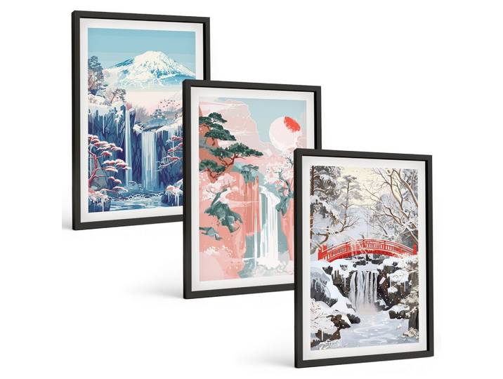 BILDER SET 3er Set - 40x60 cm Schwarzer Rahmen - Berglandschaften, Wasserfälle